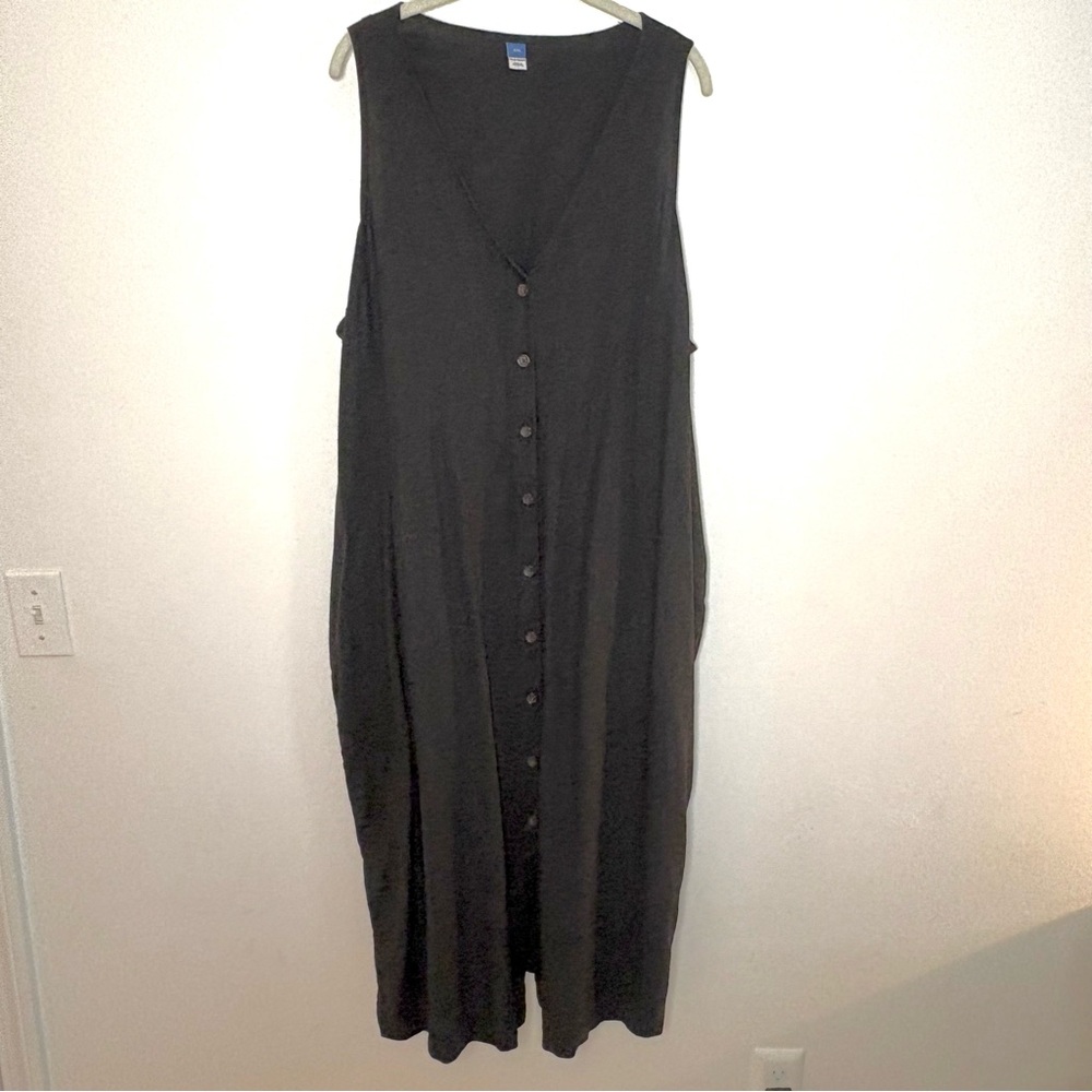 Old Navy Linen Maxi Dress XXL Black Corset Tie Button Front V Neck Sleeveless